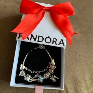 Pandora Moments Heart T-Bar Snake Chain Bracelet w/ Disney Alice in Wonderland